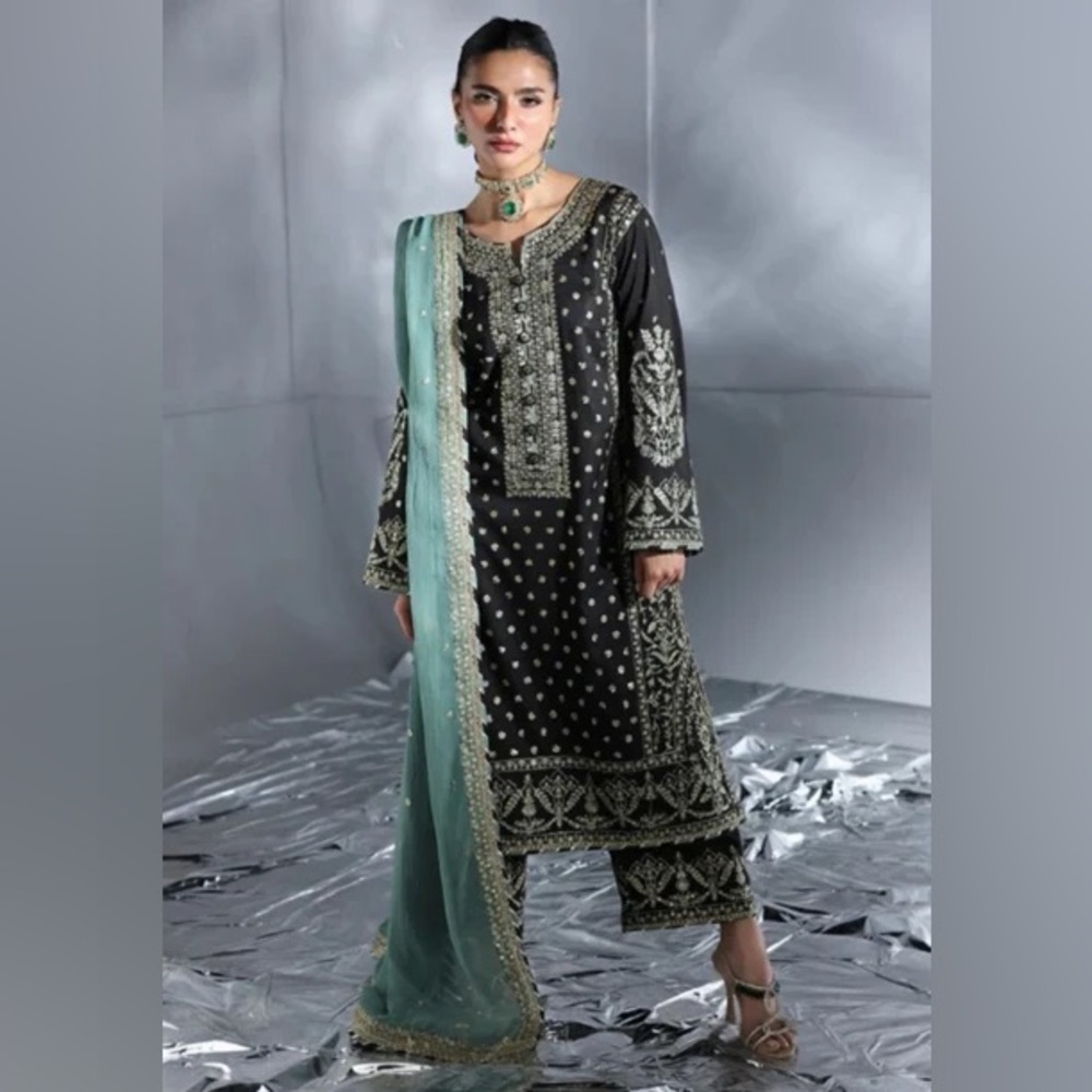 Elegant Black and Silver Embroidered Suit with Teal Dupatta
